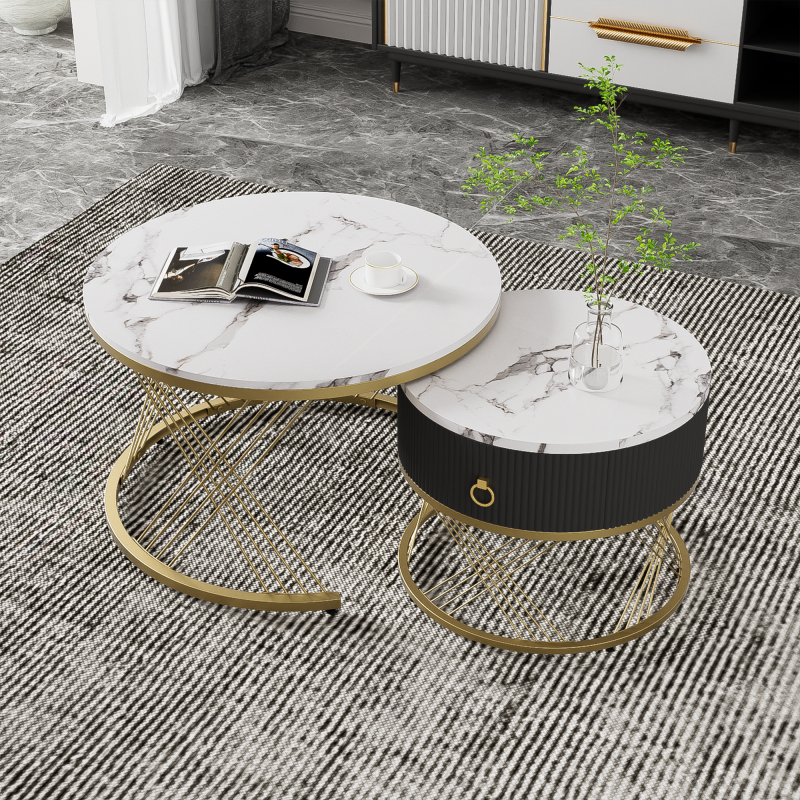 Eleganter zusammensetzbarer Couchtisch: Marmoroptik, Golddekor, Beistelltisch mit Schubladen – 2er-Set