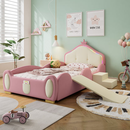Polsterbett, Crown Cartoon Bett, Mit Multi-Mode-LED-Streifen, Kinderbett mit kleiner Rutsche und Treppe, mit schützenden weichen Kanten, mit Holzlatten, PU, Rosa + Beige, 90x200cm