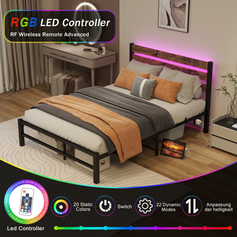 120x200cm Bettrahmen mit Kopfplatte, Metallbettrahmen mit USB-Ladestation, LED-Bettrahmen, Starke Stahlschicht-Unterstützung, Unter Bettlagerung, Keine Boxfeder erforderlich, Lärmfrei, Einfache Montag