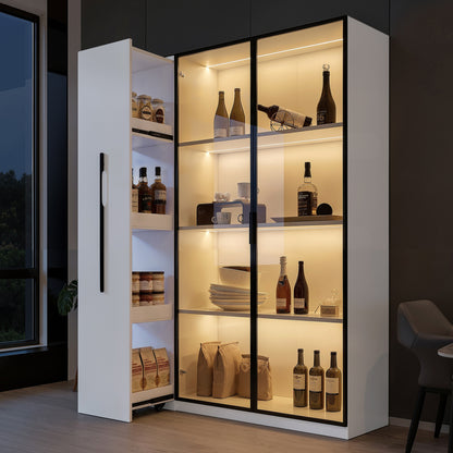 Multifunktionsschrank 110,5x35x160cm - LED-Vitrine mit bernsteinfarbenem Glas, Seitenauszug & Rollen - Weißer Hochschrank im modernen Stil