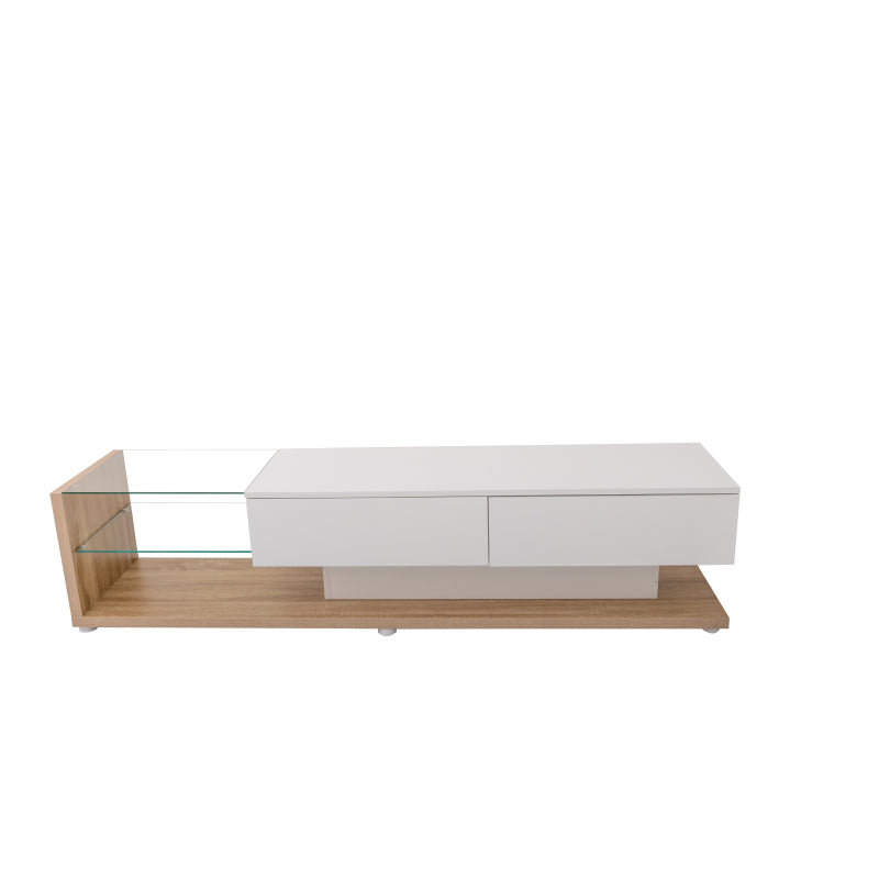 TV-Schränke, Lowboards, Kombination aus Hochglanzweiß und Holzfarben. Glastrennwände und variable LED-Beleuchtung. Es kombiniert natürlichen Landhausstil mit modernem Design.