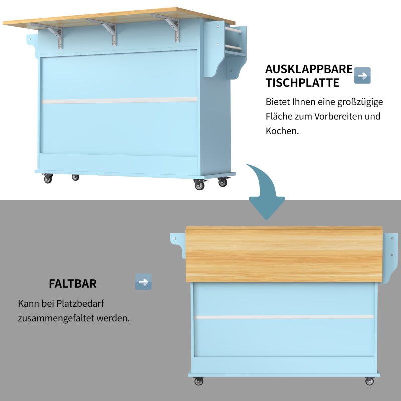 Esswagen/Anrichte, 112x40(70)x94 cm, Blau, Klappbare Massivholzoptik-Arbeitsplatte, mit Ablagetür, Rollen & Auswechselbaren Massivholzfüßen, für Küche & Esszimmer