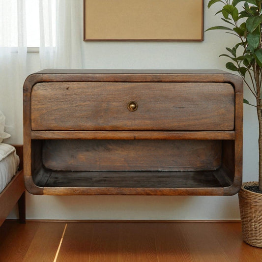 Schwebender Nachttisch aus massivem Mangoholz – Kastanienbraun, Curved Design, 1 Schublade & Fach, Handgefertigt, Fertig montiert, 45x32x25 cm