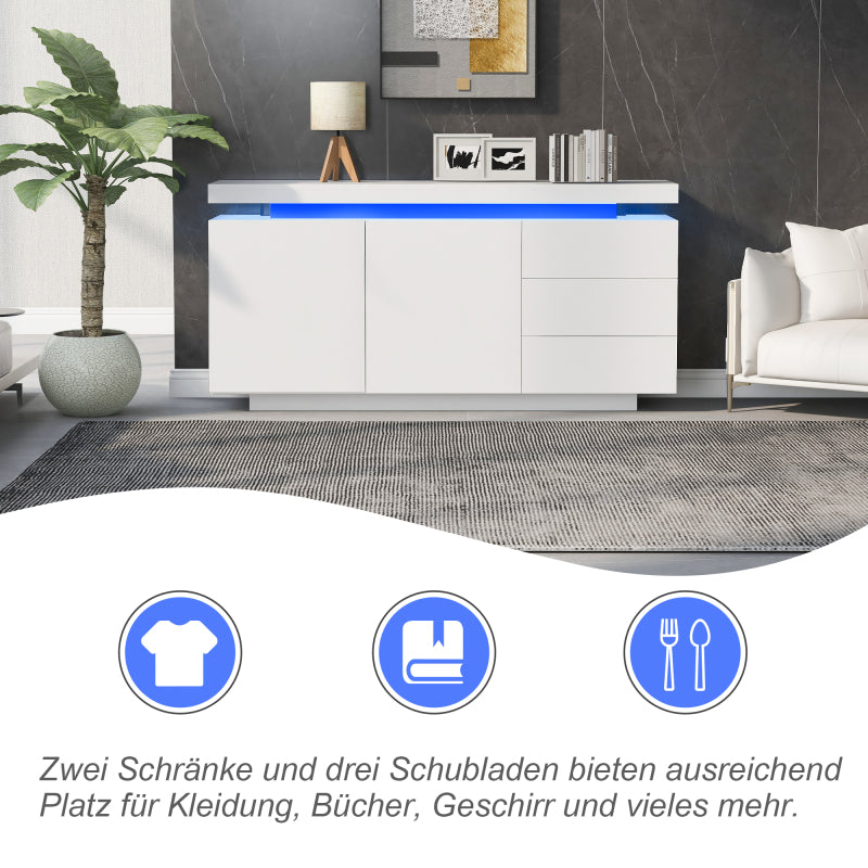 Sideboard Schrank Modern Wohnzimmer Beistellschrank Standschrank Kommode Highboard Anrichte Möbel 2 Türen 3 Schubladen Hochglanz Sideboard mit LED Licht Grifflose 140x35x72.5cm - Weiß