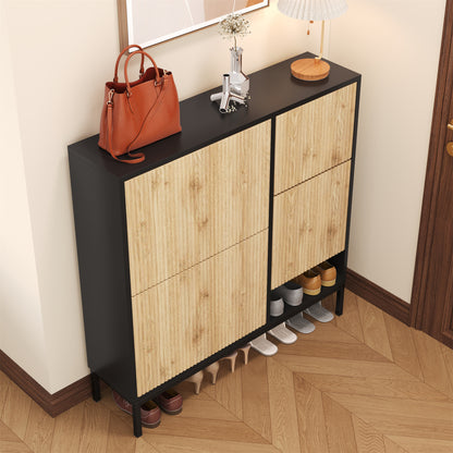 Schuhschrank mit Schuhwechselhocker, dreifach klappbarem Schuhregal und offenem Stauraum, geeignet für Flure, Schwarz + Holzfarbe