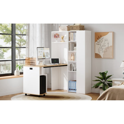 Klappbarer Schreibtisch mit Ablagen –2-in-1-Bücherregal und Schreibtisch, klappbar, mit Steckdose und USB-Anschluss, Kippschutz, weiß