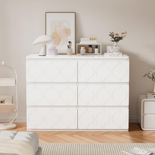 Kommode mit 6 Schubladen, Flurschrank, für Wohnzimmer, Bad und Schlafzimmer, Wellenmuster, lackiert, stoßfestes Eckdesign, 6 Fächer, 110 B x 40 T x 72 H, weiß