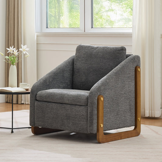 Sessel, Akzentstuhl für Wohnzimmer, Loungesessel, moderner Stuhl mit Armlehne aus Holz, mit Rückenkissen, grauer