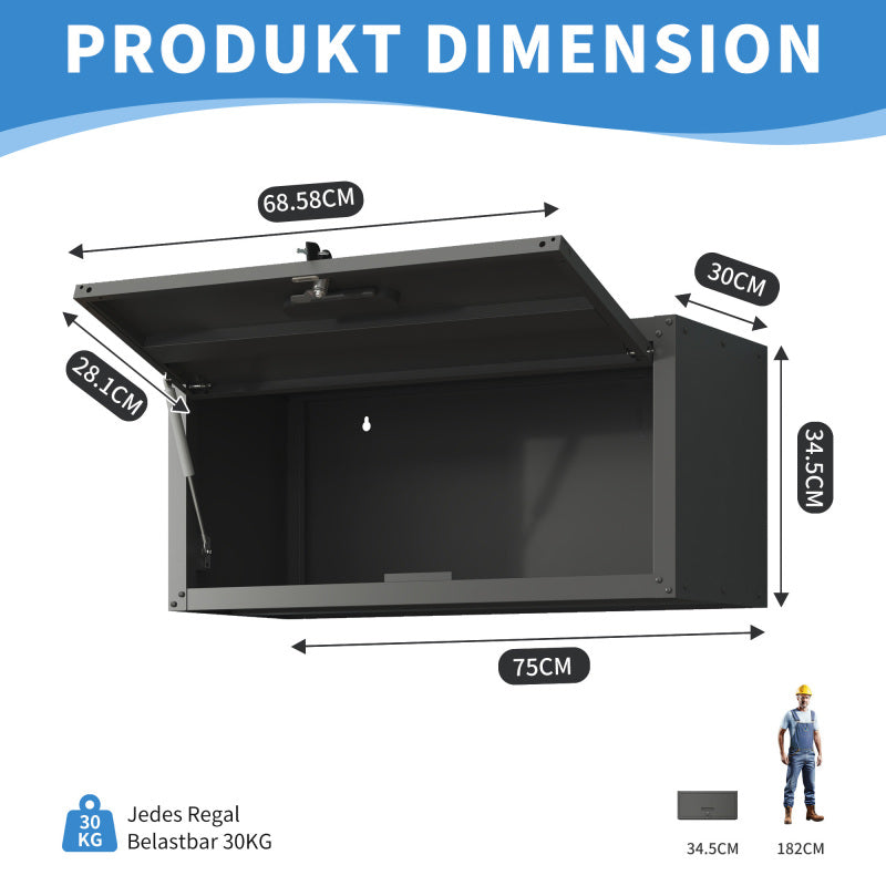 Vielseitiger Metall-Wandschrank, wandmontierter Nutzschrank mit verschließbarer Tür, aufgehängtes Stahlwerkzeugkabinett, Geeignet für Garage, Keller, Werkstatt und Küche, H34,5 cm × B75 cm × T30 cm