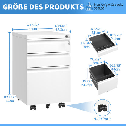3-Schubladen-Mobil-Aktenkasten mit Schloss - Metall-Ablagekästen für Home Office Organisation – Letter, Legal und A4,Weiß,H60 cm × B37.3 cm × T44 cm.