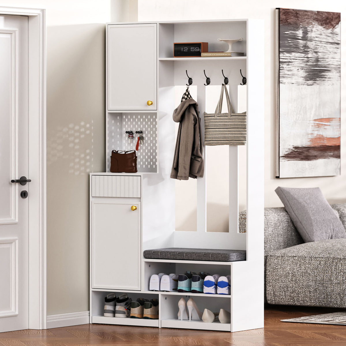 Garderoben-Set mit Sitzbank, Schubladen & Lochwand, Flurgarderobe 6-in-1, MDF, Weiß, 100x180x35 cm