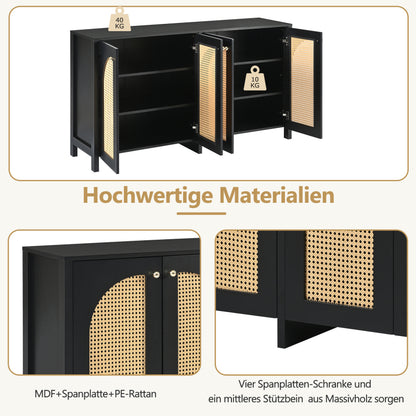 Modernes Sideboard im minimalistischen Stil 4-Rattantür, Metallgriff einfaches Buffetschrank für Esszimmer, Wohnzimmer, Küche (Schwarz)