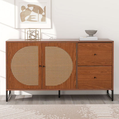 Sideboard mit 2 Rattan verzierten Türen und 2 Schubladen Kommode Küchenschrank, Mehrzweckschrank, Highboard mit Metallgriffe, für Schlafzimmer & Wohnräume & Büro