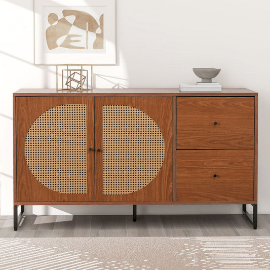 Sideboard mit 2 Rattan verzierten Türen und 2 Schubladen Kommode Küchenschrank, Mehrzweckschrank, Highboard mit Metallgriffe, für Schlafzimmer & Wohnräume & Büro