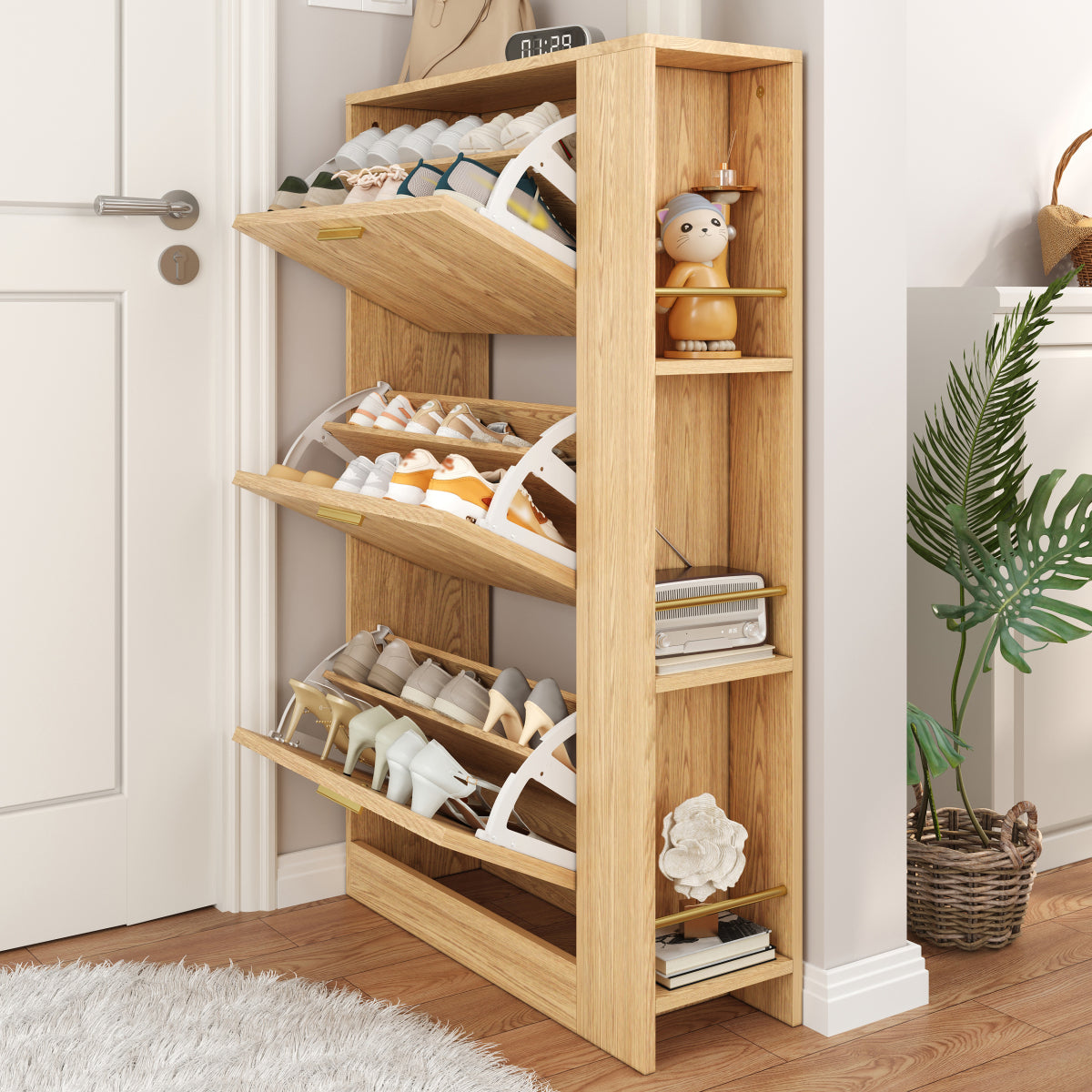 Moderner Schuhschrank aus Holz - 3 Türen, Großes Fassungsvermögen & Offene Regalfächer - Stilvoller Schuhkipper für Eingangsbereich & Foyer