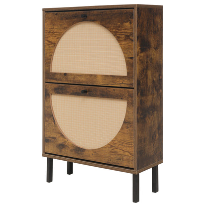Schuhschrank mit zwei Türen, austauschbaren halbrunden Türfronten und Rattan-Oberfläche, geeignet für den Eingangsbereich und andere Szenen, Vintage-Braun
