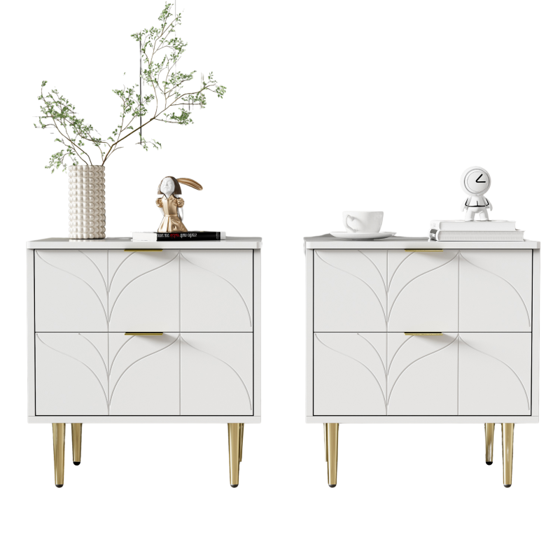 Moderner Nachttisch mit vergoldeten Füßen und Knöpfen, florales Muster, 2er-Set mit 2 Schubladen, lackiert, Ecken mit Anti-Bump-Design, 50B*40T*54H cm, weiß