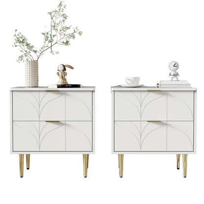Moderner Nachttisch mit vergoldeten Füßen und Knöpfen, florales Muster, 2er-Set mit 2 Schubladen, lackiert, Ecken mit Anti-Bump-Design, 50B*40T*54H cm, weiß