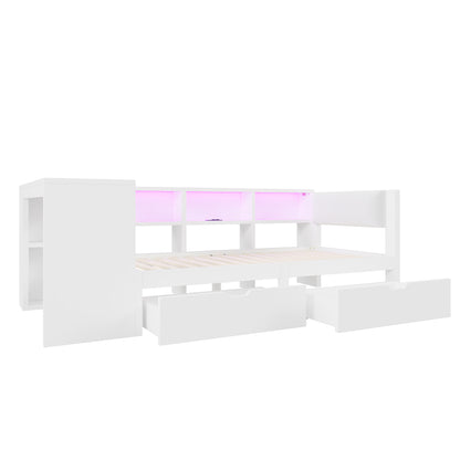90x200 Holz-Plattformbett mit Ablageflächen, Schubladen, Ladestation und gepolstertem Kopfteil, Mit bunten LED-Leuchten, Weiß