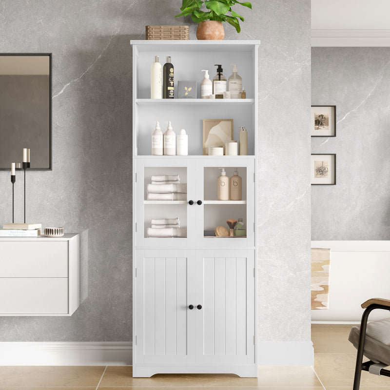 57.5 x 28.5 x 160cm Badezimmer-Hochschrank mit Stauraum, feuchtigkeitsbeständige Farbe, Glasschranktür, Holzschranktür, zwei offene Ablagefächer, verstellbare Trennwände, einfache Textur, weiß