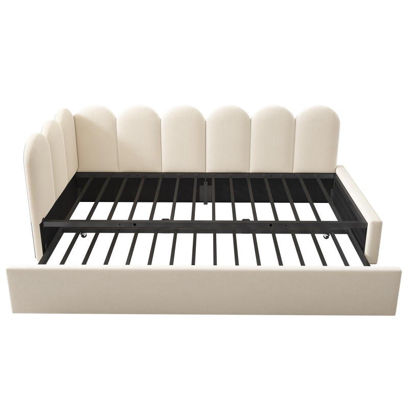 Polsterbett Daybett 90x200cm,Tagesbett Schlafsofa mit Ausziehbett 90x190cm, Kinderbett mit Lattenrost, Samt,Beige, ohne Matratze