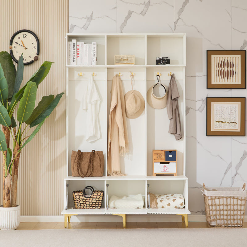 Garderobenset mit Bank, multifunktionale Aufbewahrungsbank, offene Aufbewahrung,6 goldene Haken und Füße, geeignet für Flur, Wohnzimmer, weiß, B120/D40/H191.5CM