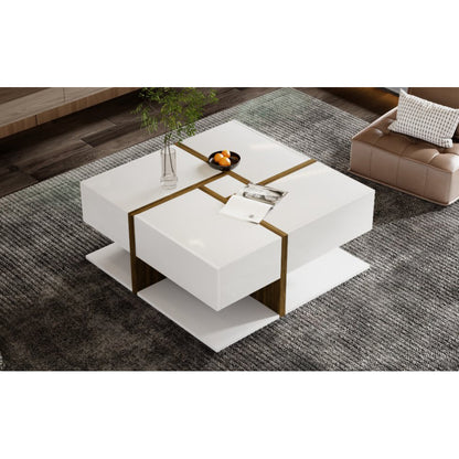 Hochglanz-Couchtisch, Tisch mit 4 Schubladen, einzigartige Farbabstimmung und Liniendesign, Stauraum unten. 78*78*34,8cm