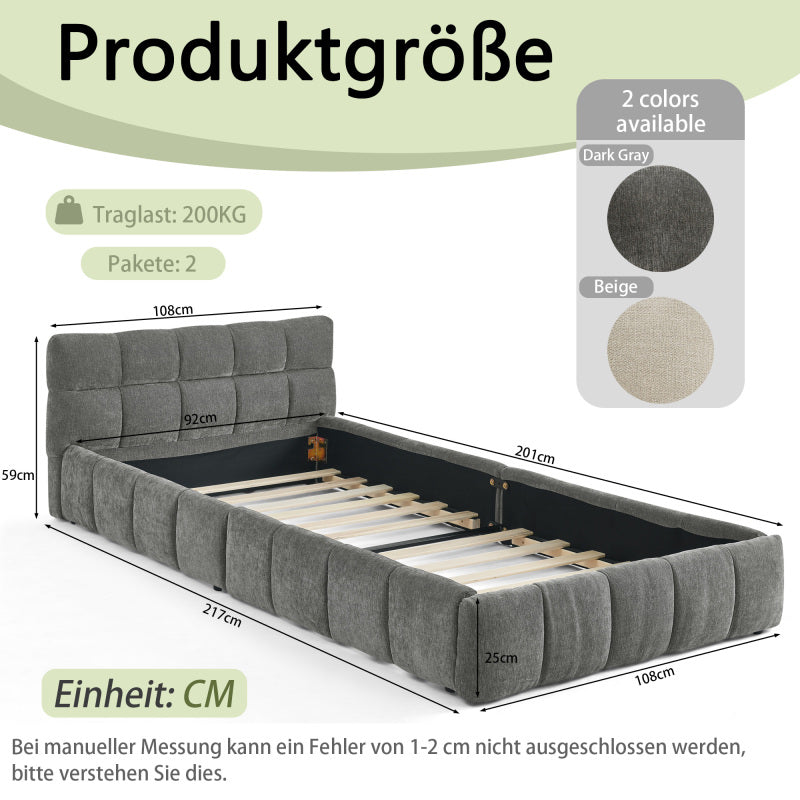 Einzelbett 90*200 cm, Kinderbett mit seidig weichem Chenille - Bezug, quadratischem Steppdesign, Dark Gray (ohne Matratze)