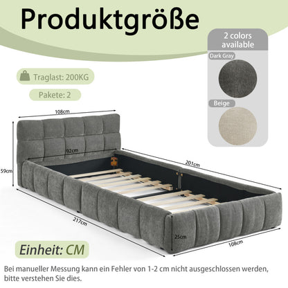 Einzelbett 90*200 cm, Kinderbett mit seidig weichem Chenille - Bezug, quadratischem Steppdesign, Dark Gray (ohne Matratze)