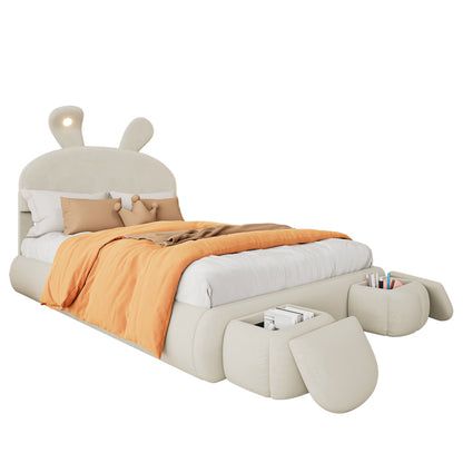 Polsterbett, Doppelbett, hydraulisches Bett, Hasenohren mit einstellbarer Helligkeit warmfarbenen Lichtstreifen, Stauraum unter dem Bett, zwei Aufbewahrungshockern, Samt, Beige, 140x200cm