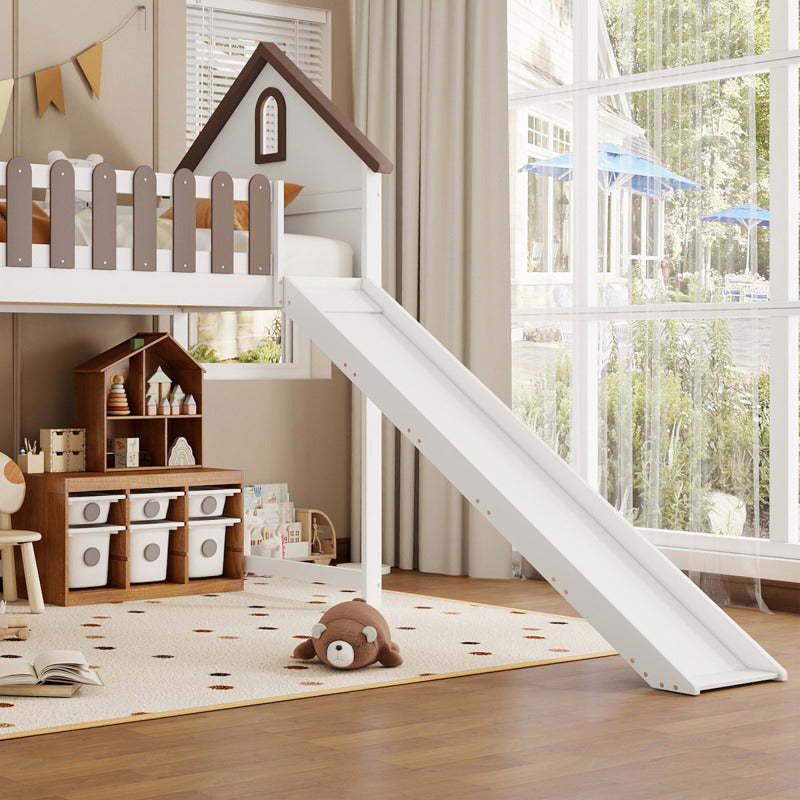Hochbett, Mit Dach und Fenster, Mit dreistufiger gerader Leiter, Jugendbett, Kinderbett mit Rutsche,  Kiefer+MDF, Weiß+Walnuss, 90x200cm