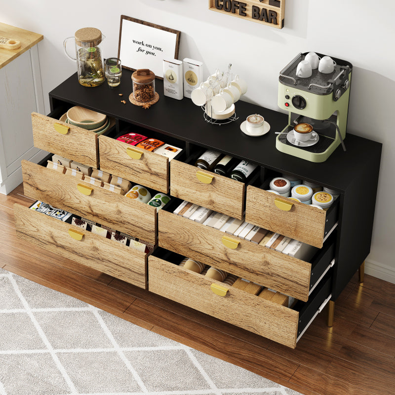 L150*W40*H78cm, Moderne Sideboard mit 8 Schubladen, Schwarz & Holzfarben, Minimalistisches Design, Goldene Metallgriff, Metallfüße, für Wohnzimmer und Esszimmer