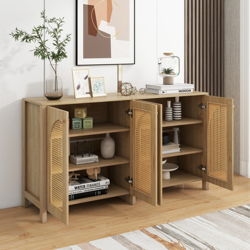 Modernes Sideboard im minimalistischen Stil 4-Rattantür, Metallgriff einfaches Buffetschrank für Esszimmer, Wohnzimmer, Küche (Naturholz)