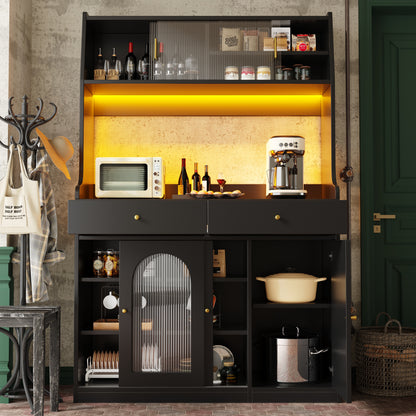 Küchenschrank, Esszimmerschrank mit 2 Schubladen, Sideboard mit LED-Beleuchtung, schwarz