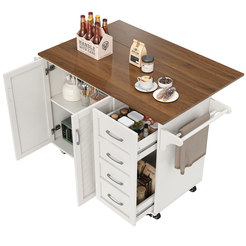 Küchenwagen mit diagonal gestreiften Schranktüren, herausnehmbarer Esswagen mit Handtuchhalter und Gewürzregal, verstellbare Trennwände, Küchenbuffet, Tischplatte mit Holzmaserung, weiß