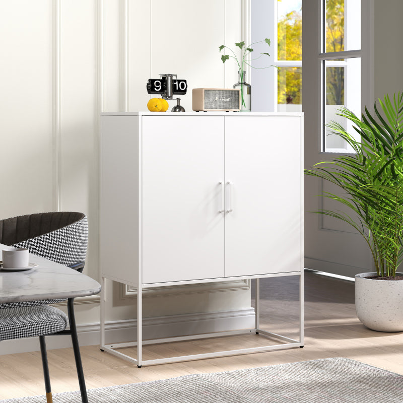 Metall-Sideboard,Lagerschrank– 2 Regale, Freistehender Stahlschrank, Magnettüren, Anti-Kipp-Sicherung, Wohnzimmer, Küche, Büro, Weiß, H 109 cm × B 85 cm × T 40 cm