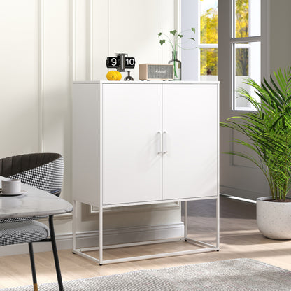 Metall-Sideboard,Lagerschrank– 2 Regale, Freistehender Stahlschrank, Magnettüren, Anti-Kipp-Sicherung, Wohnzimmer, Küche, Büro, Weiß, H 109 cm × B 85 cm × T 40 cm