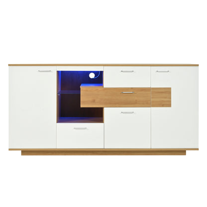 Modernes Sideboard-Schrank mit viel Stauraum, mit LED-Beleuchtung, 160x40x77cm, 2 Türen, 4 Schubladen, Glasablage, Holzoptik, Weiß,Wohnzimmermöbel, Organizer, Kommode, Mehrzweckschrank.