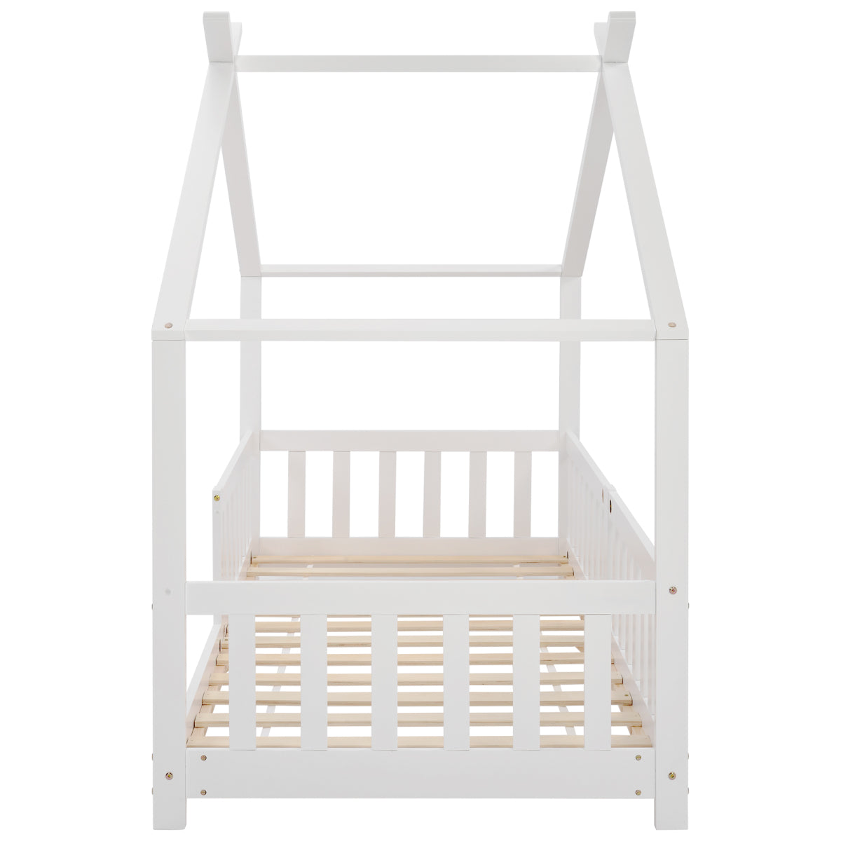 Hausbett 90x200 Weiß, Kinderbett mit Rausfallschutz & Lattenrost, Abenteuerbett Kiefer Massivholz