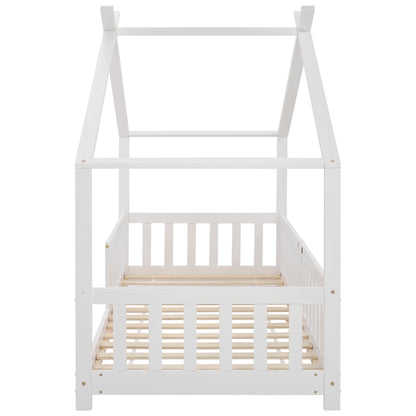 Hausbett 90x200 Weiß, Kinderbett mit Rausfallschutz & Lattenrost, Abenteuerbett Kiefer Massivholz