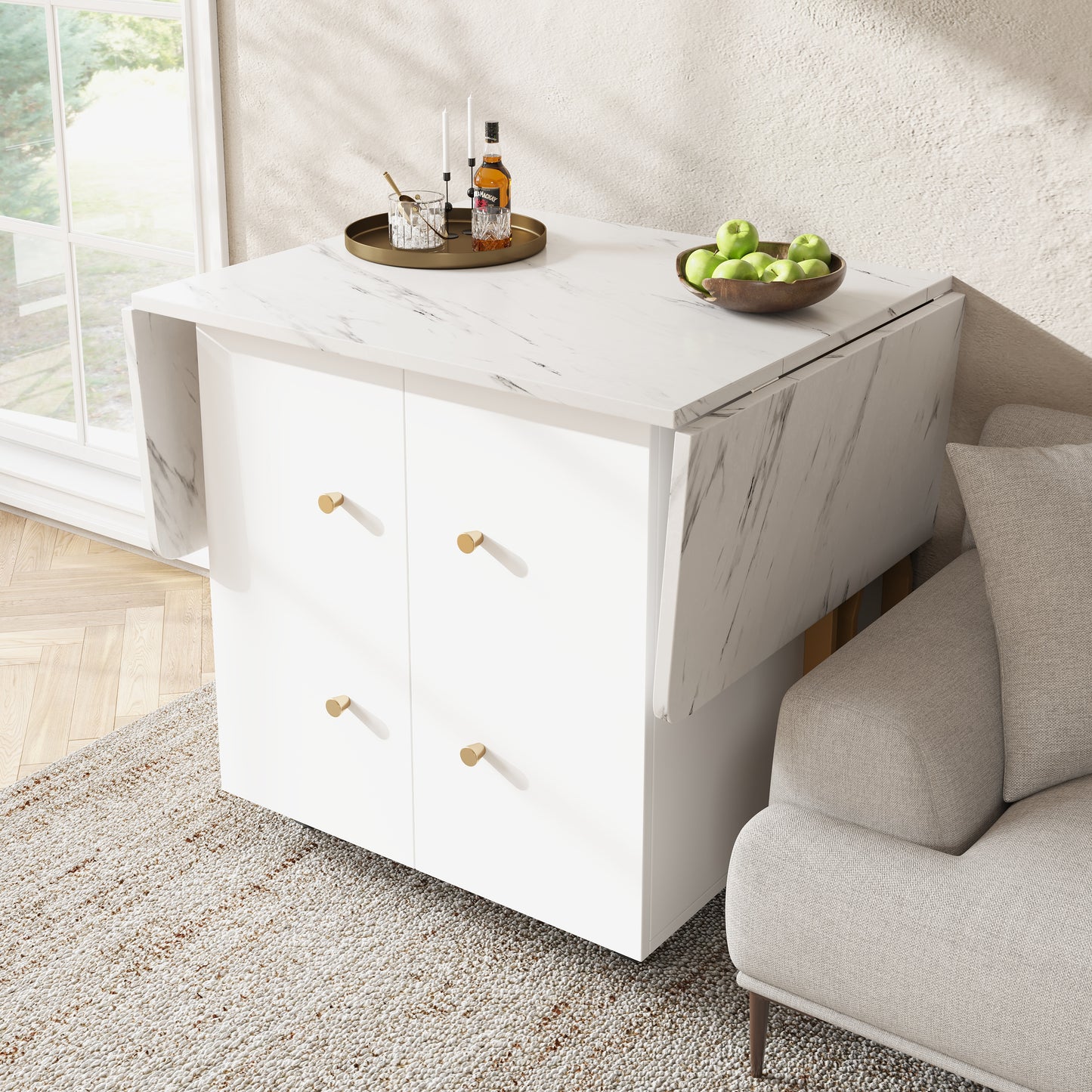 Tragbarer Esstisch, klappbare Tischplatte, marmorierte Tischplatte, geeignet für Esszimmer, Wohnzimmer, verstellbare Trennwände, große Ablagefächer, 6 Rollen (2 feststellbar), goldene Tischbeine