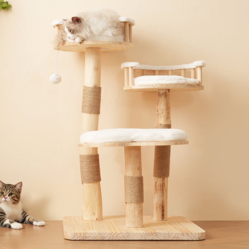 Designer Katzenklettergerüst aus Massivholz - 98 cm hoch, 3-stufiges Sprungbrett, abnehmbare Kissen und Spielbälle, Wolkenoptik-Imitation - Natürlich, umweltfreundlich, nachhaltige Nutzung, Katzenklet