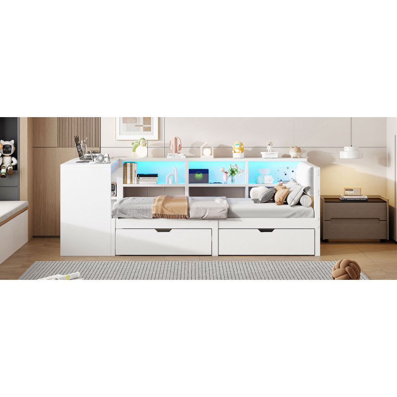 90x200 Holz-Plattformbett mit Ablageflächen, Schubladen, Ladestation und gepolstertem Kopfteil, Mit bunten LED-Leuchten, Weiß