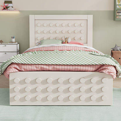 Holzbett Einzelbett 90x190 cm, Kinderbett Jugendbett mit Kreativem Block Design, Massivholz Bettgestell mit Lattenrost, mit Schubladen & Unterm Bett Stauraum, Weiß, Ohne Matratze