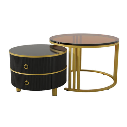 2-in-1 runder MDF-Couchtisch, Beistelltisch mit 1 Hochglanz-Tischplatte und 1 brauner Tischplatte aus gehärtetem Glas, Wohnzimmer-Couchtischkombination mit 2 Schubladen, 70*70*45 + 50*50*40 cm