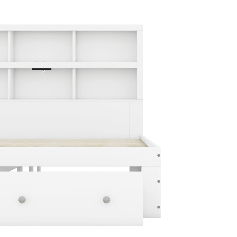 160*200cm Doppelbett, Kingsize-Plattformbett mit zwei Schubladen am Fußende des Bettes, Kopfteil mit Stauraum, Weiß
