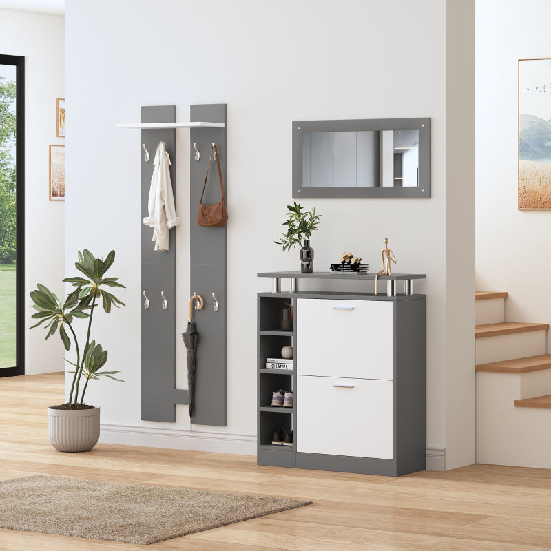 Wandgarderoben-Set 80 x 25 x 96.5 cm, inkl. Spiegel, 2 Wandpaneelen, einer Regalwand und einem Schuhschrank, Korpus anthrazitgrau matt, Flurmöbel, Flurtrockenständer, Flurgarderobe, Schuhwechsler-Set,