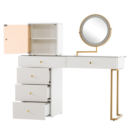 Schminktisch-Set mit LED-beleuchtetem Spiegel, transparenter Tischplatte aus gehärtetem Glas, Schminktisch-Seite und Schrank, elegante Möbel, weiß, Maße: 120 x 45 x 115 cm(ohne Hocker)