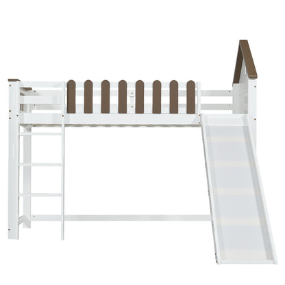 Hochbett, Mit Dach und Fenster, Mit dreistufiger gerader Leiter, Jugendbett, Kinderbett mit Rutsche,  Kiefer+MDF, Weiß+Walnuss, 90x200cm