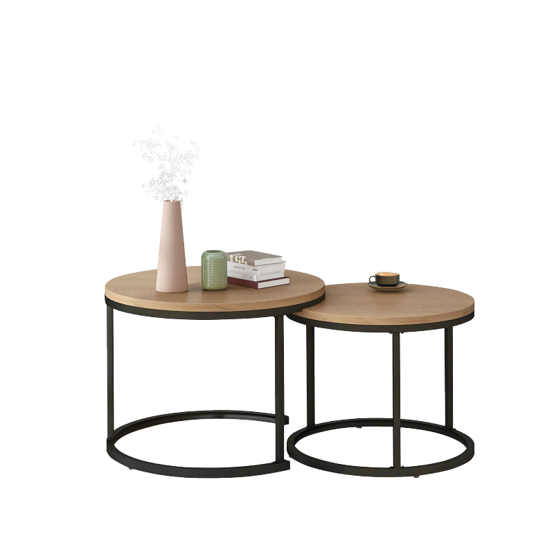Runder Couchtisch 2er Set Satz Couchtisch Wohnzimmer Runder geschachtelter Beistelltisch 2 Runder Beistelltisch(Eiche)